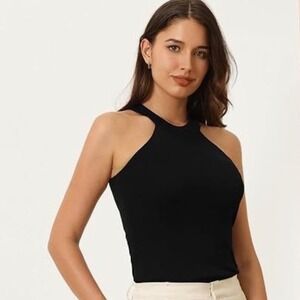 Hobemty Black Halter Neck Knit Tank Top Minimalist Ribbed Sleeveless XL New NWT